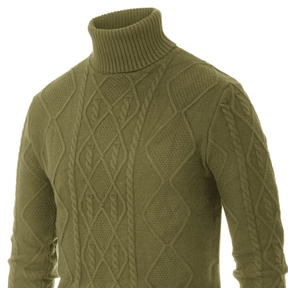 Men's Vintage Turtleneck Sweater Slim Fit Cable Knit Fisherman Sweater - Picture 2 of 5